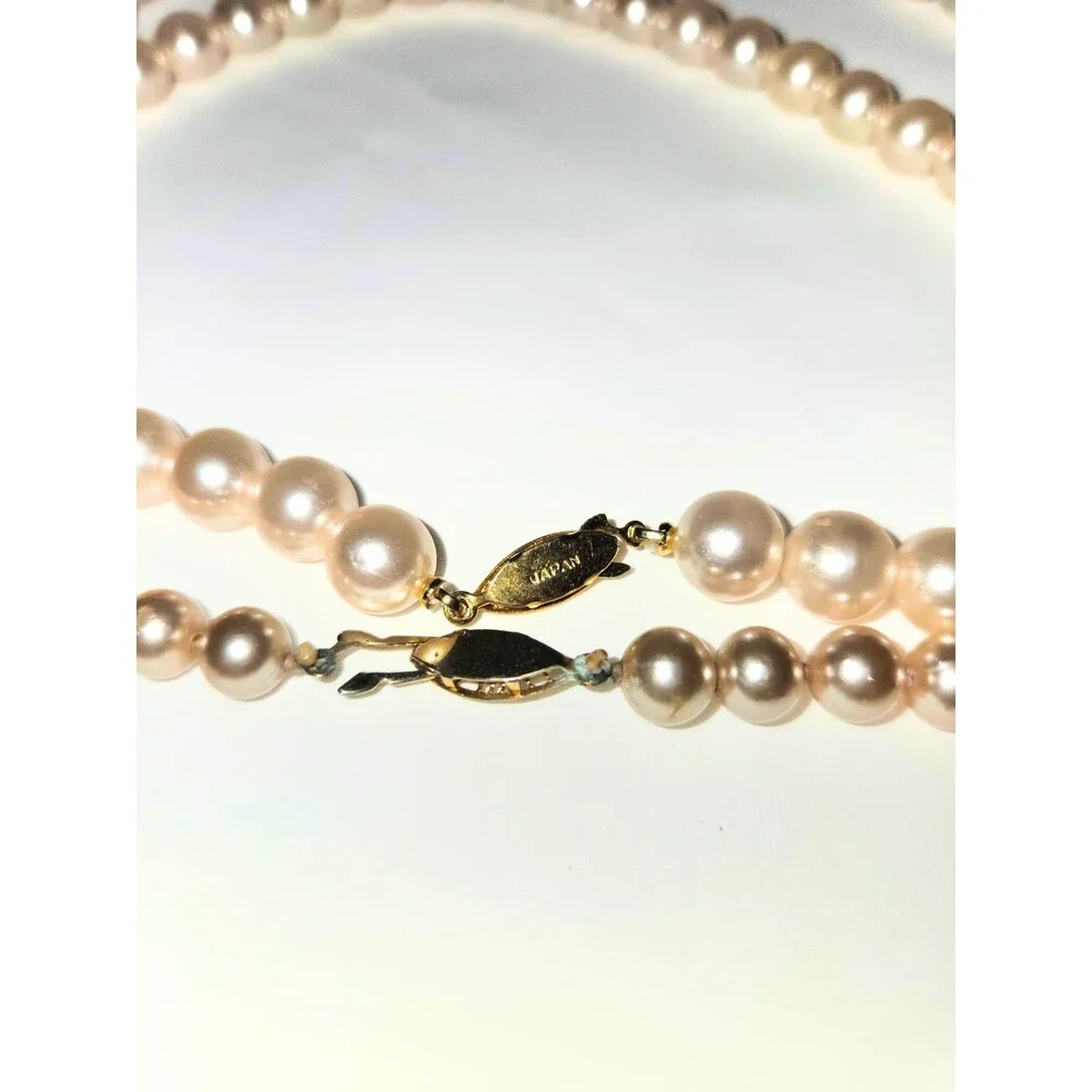 Japan Pink Faux Pearl Double Strand Necklace Set Gold Tone Clasp